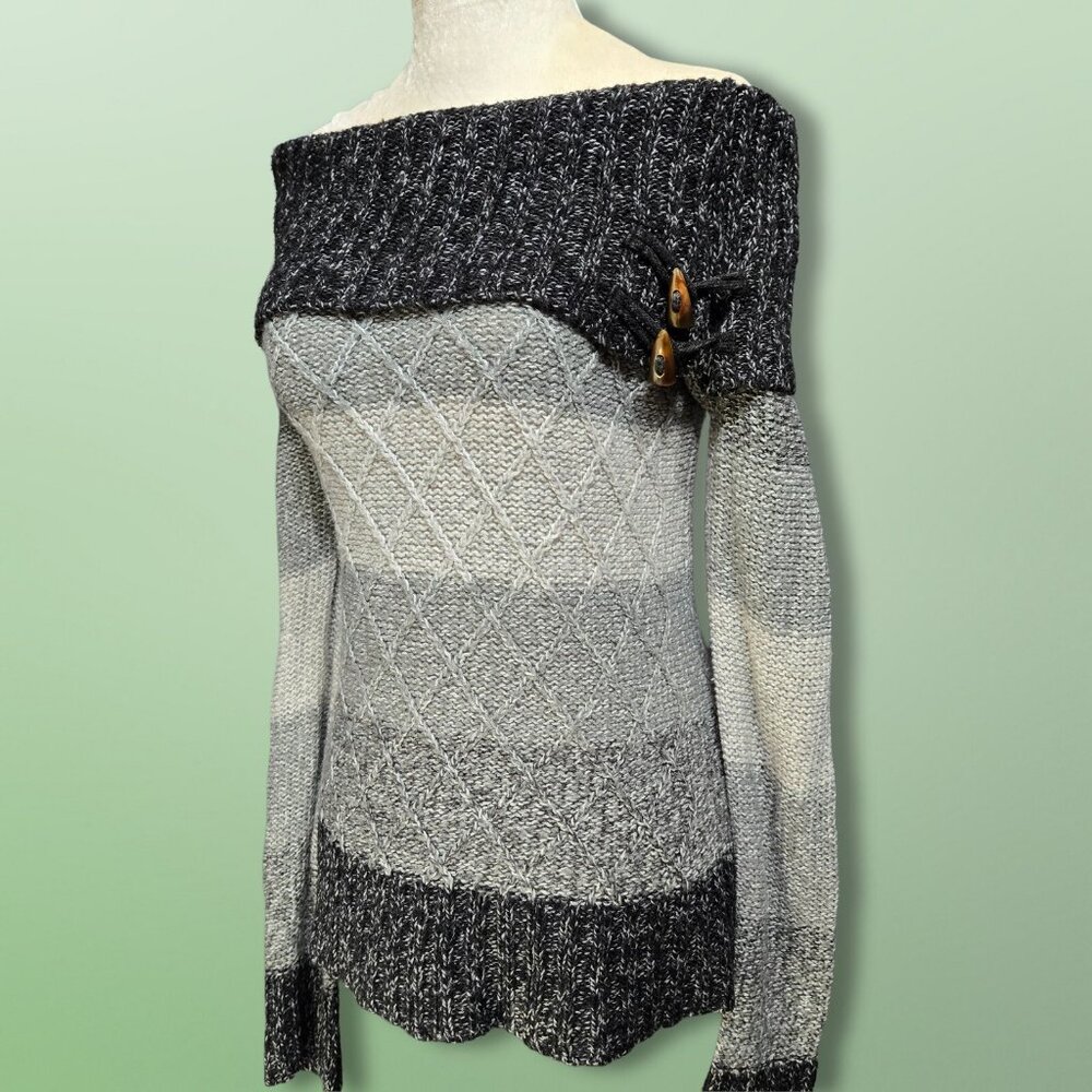 Y2K Off Shoulder Sweater Fairy Grunge Size S Gray Striped Marled Long Sleeve